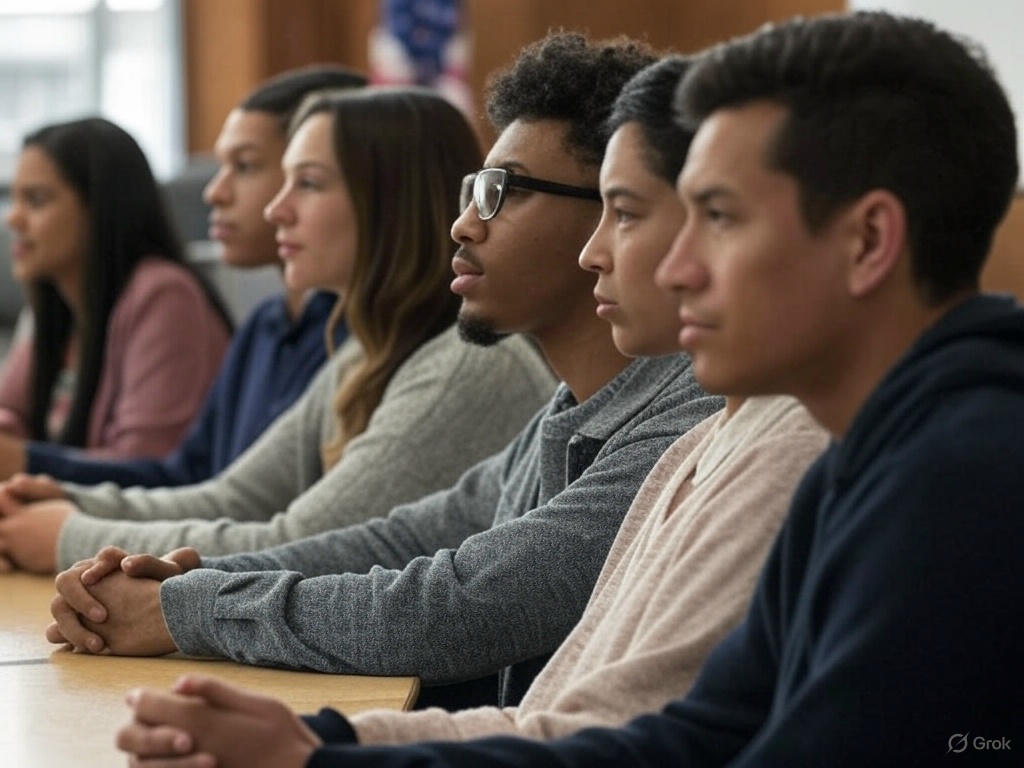 Diverse group of young adults attentively participating in a local council meeting